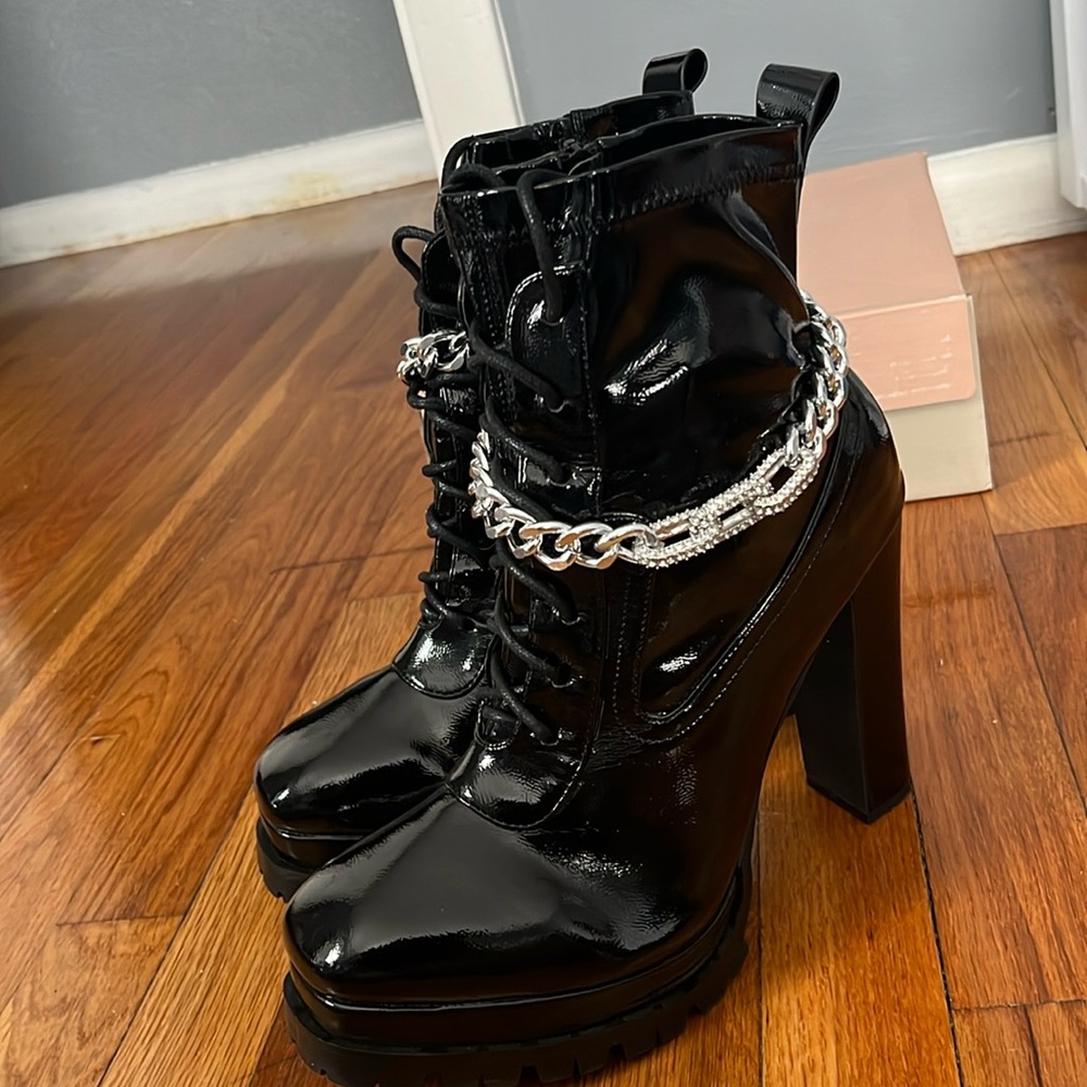 Pleather Booties, Platform Heel 4”, with chain detail